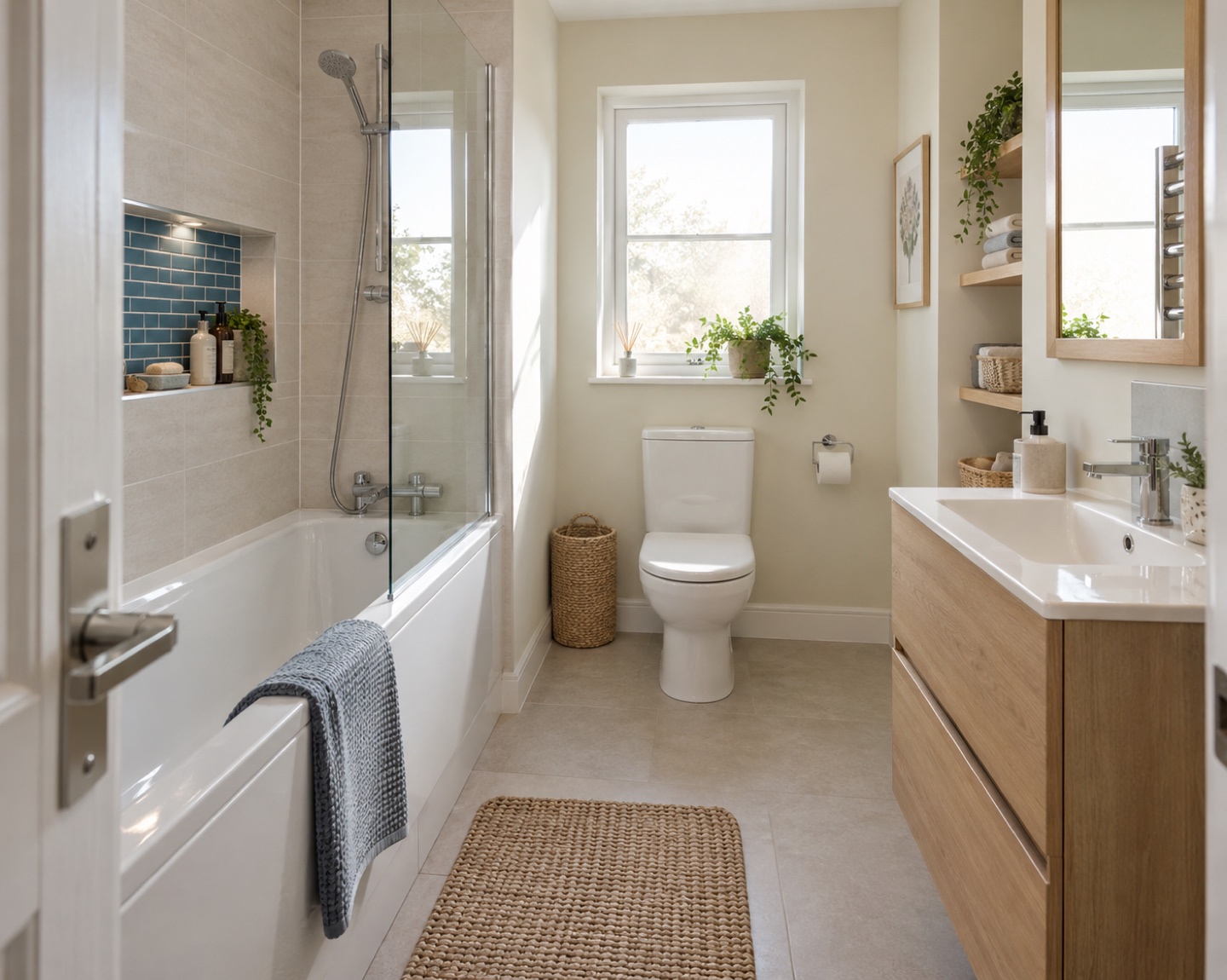 Fitted bath with blue-tiled niche and oak vanity