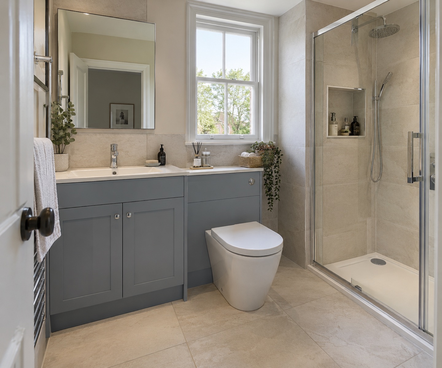 Blue-grey vanity and glass shower with recessed storage