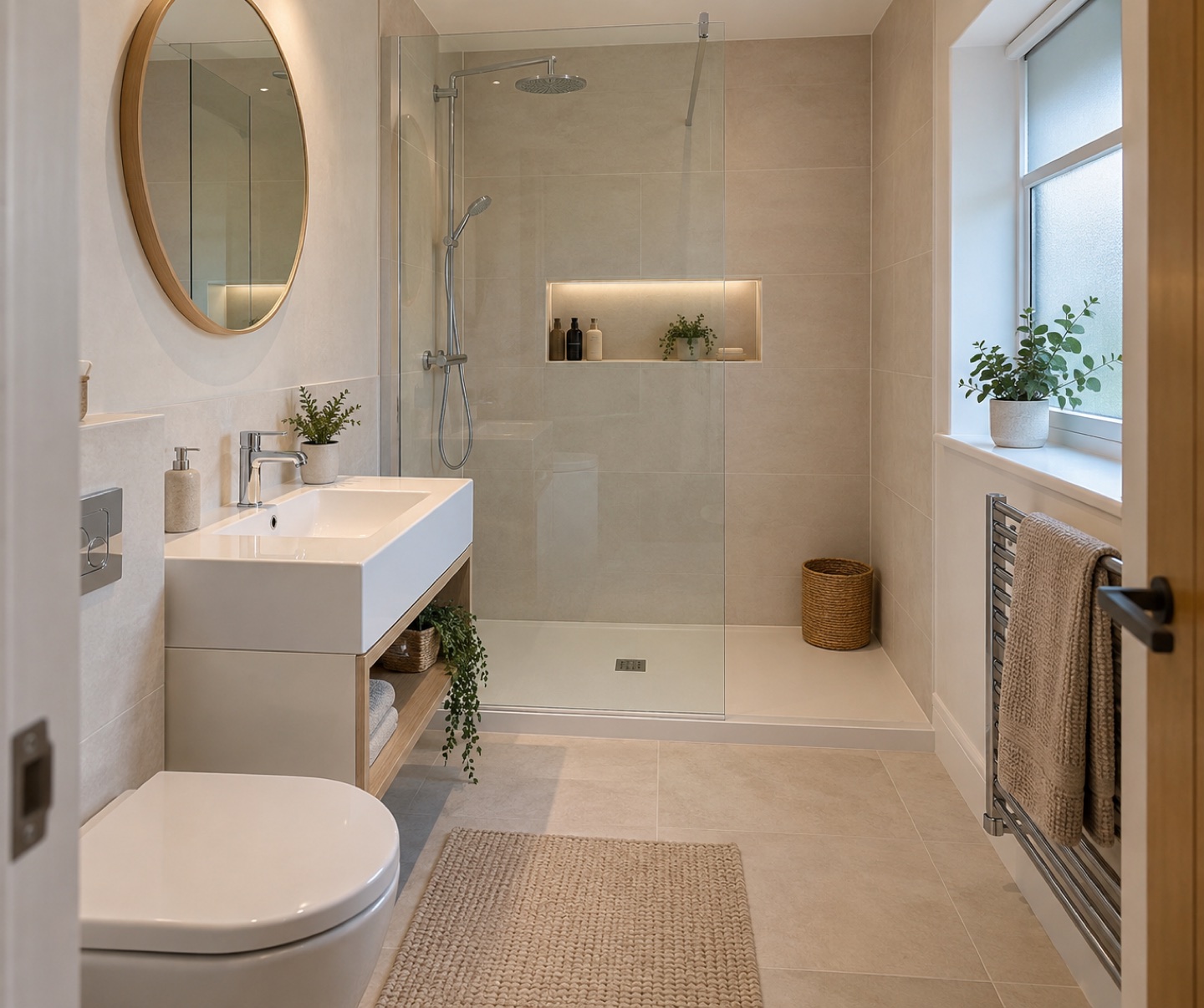 Compact shower room with white vanity and open storage